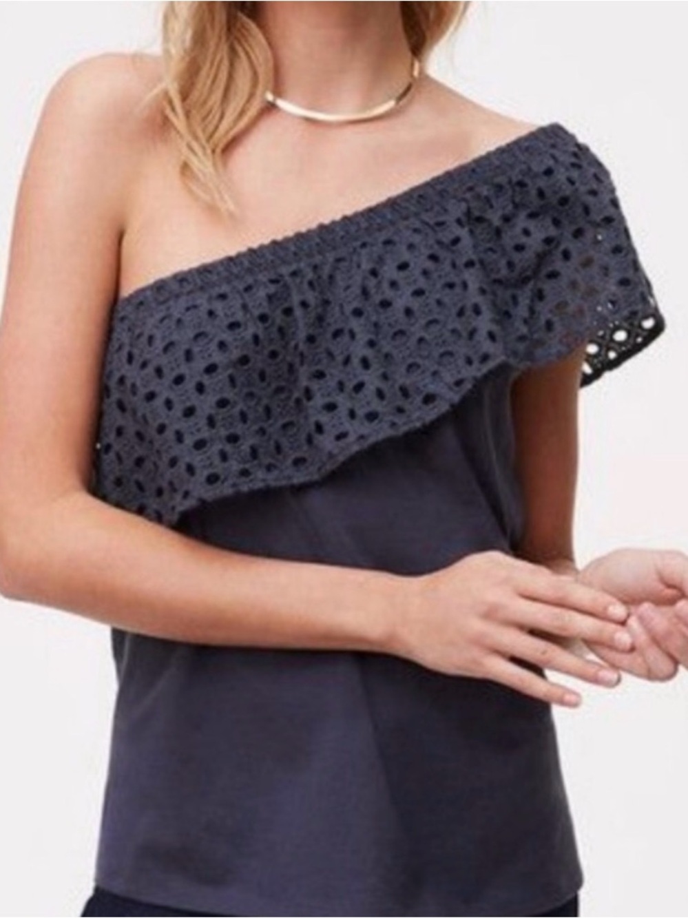 LOFT Blue Grey One-Shoulder Eyelet Ruffle Top